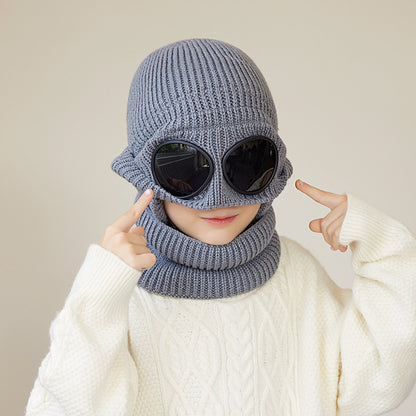 Children's Two-piece Set Winter Fleece-lined Earflaps Woolen Knitted Sleeve Kids' Headwear