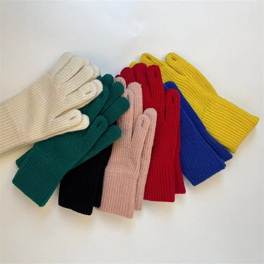 Women's Knitted Knitting Wool Solid Color Leak Gloves