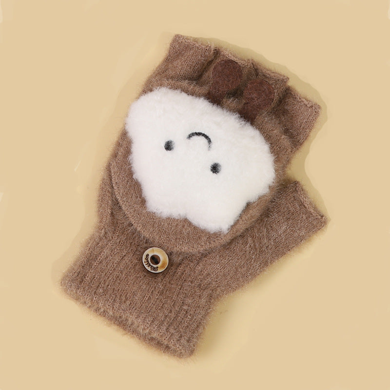 Men's Winter Cashmere Half Finger Flip Cartoon Cute Gloves