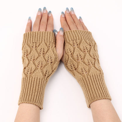 Women's & Men's Short Leaf Knitted Fingerless Wool Keep Gloves