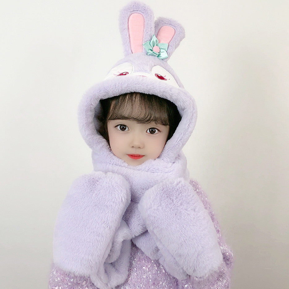 Women's Cute Bear Ear Hat Integrated Hooded Three-piece Kids' Headwear