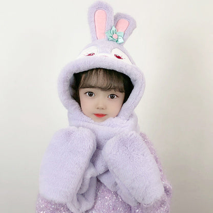 Women's Cute Bear Ear Hat Integrated Hooded Three-piece Kids' Headwear