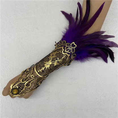 Halloween Feather Gothic Style Hollow Gold Gloves