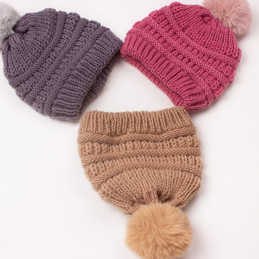 Children's Knitted Sleeve Fur Ball Warm Hat Kids' Headwear