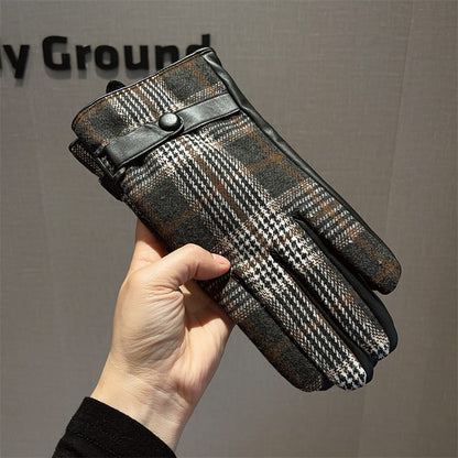 Men's Leather Patchwork Plaid Thermal Fleece-lined Thickened Gloves