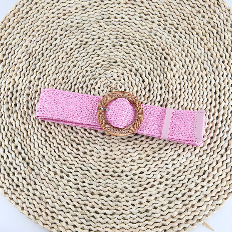 Women's Straw Woven Round Square Buckle Dress Belts