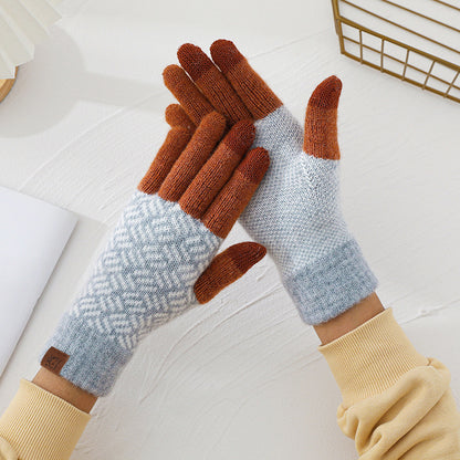 Wool Knitted Plaid Fleece-lined Thickened Cycling Five-finger Gloves