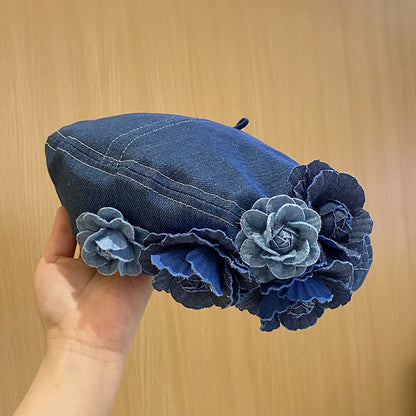 Women's Three-dimensional Flowers Denim Beret Trendy Fashionable Hats & Caps