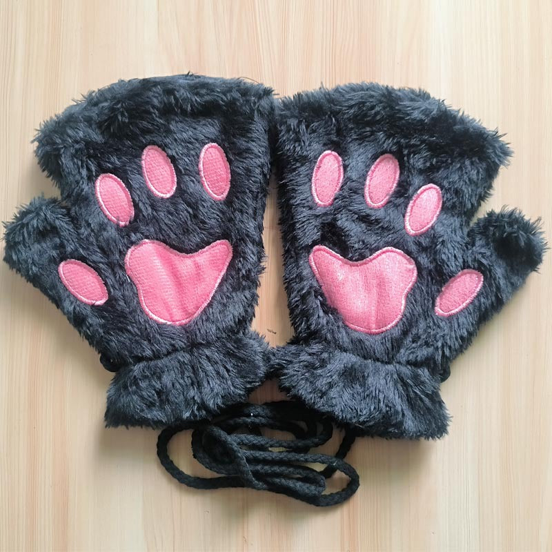 Winter Cute Cartoon Cat Open Finger Warm Gloves