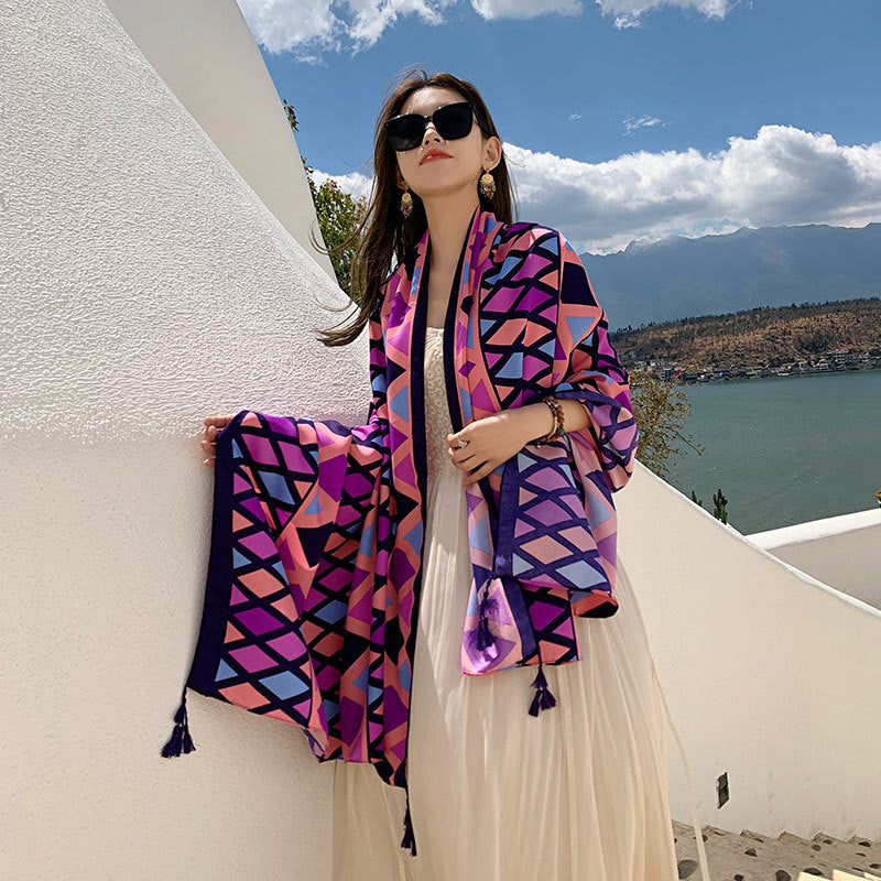 Women's Sunscreen Shawl Yunnan Grassland Travel Wear Silk Seaside Scarfs