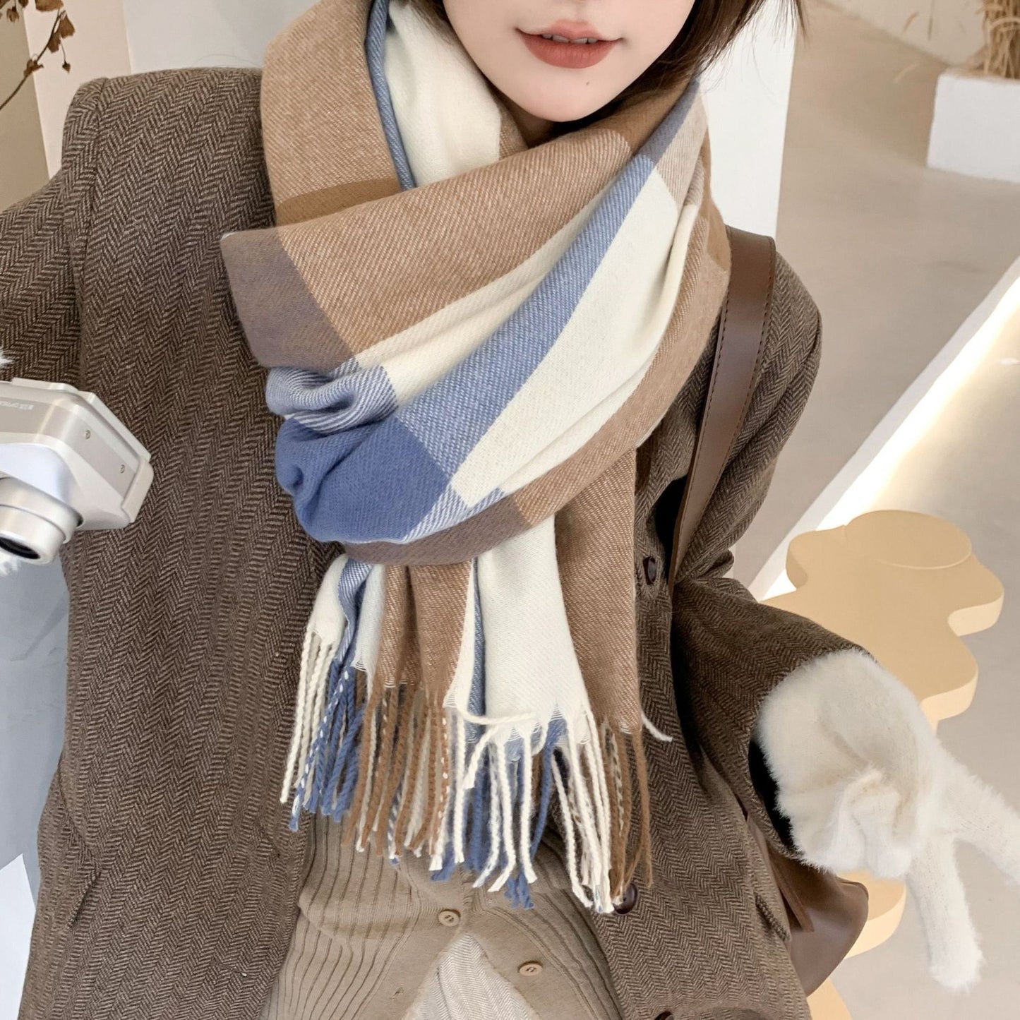 Women's Slouchy Plaid Korean Tassel Shawl Scarfs