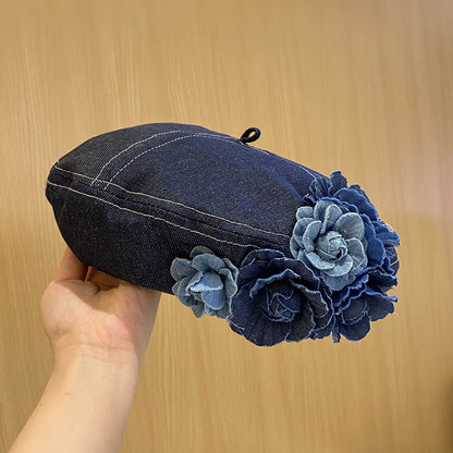 Women's Three-dimensional Flowers Denim Beret Trendy Fashionable Hats & Caps