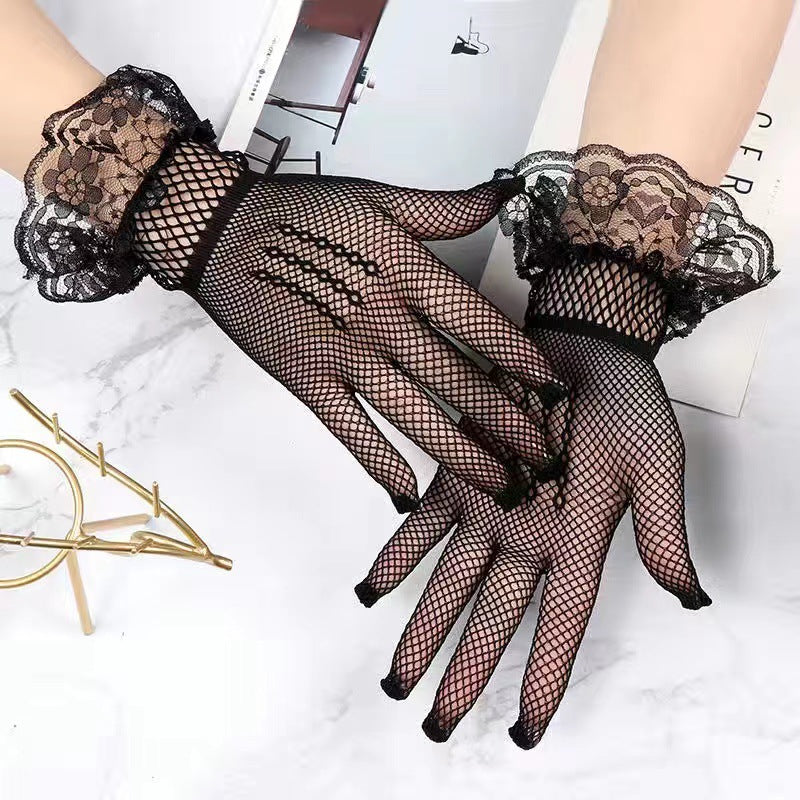 Women's Thin Sexy Mesh Black White Red Etiquette Wedding High Gloves