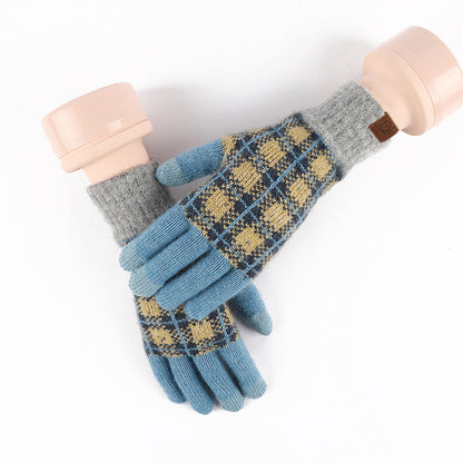 Wool Knitted Plaid Fleece-lined Thickened Cycling Five-finger Gloves