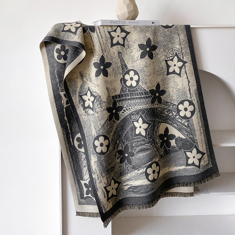 Paris Tower Vintage Five-pointed Star Printed Double-sided Thermal Scarfs