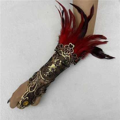 Halloween Feather Gothic Style Hollow Gold Gloves