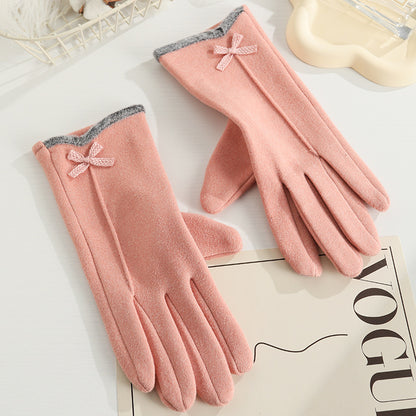 Women's Angora Fleece-lined Bow Outdoor Driving Cycling Sports Cute Gloves