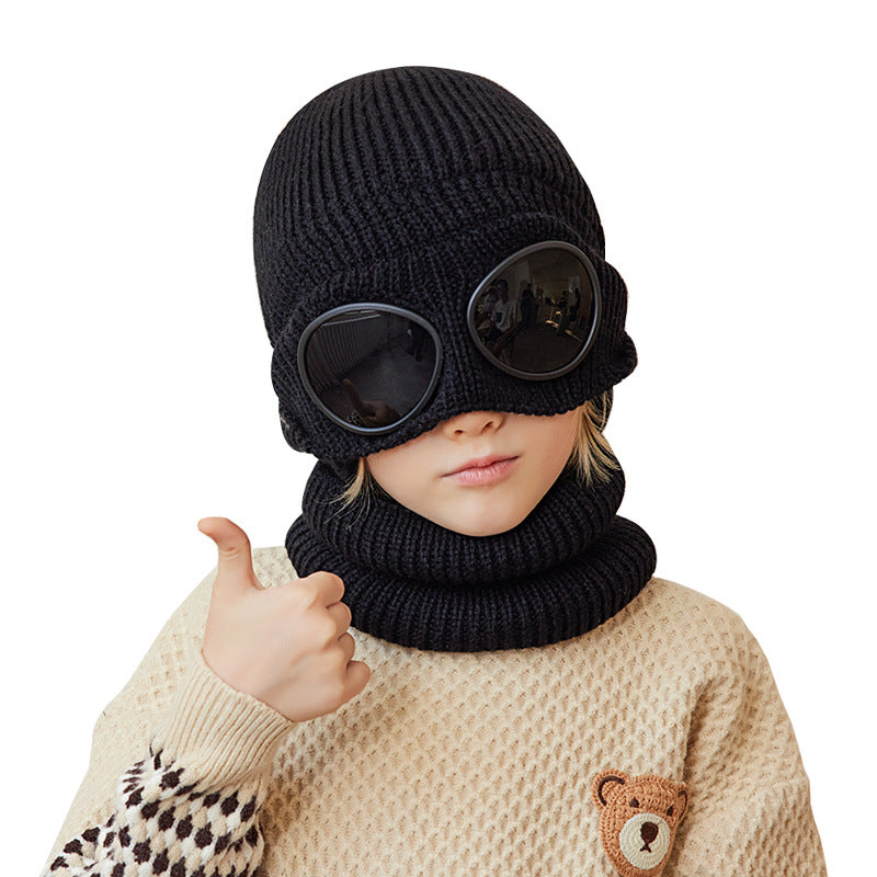 Children's Two-piece Set Winter Fleece-lined Earflaps Woolen Knitted Sleeve Kids' Headwear