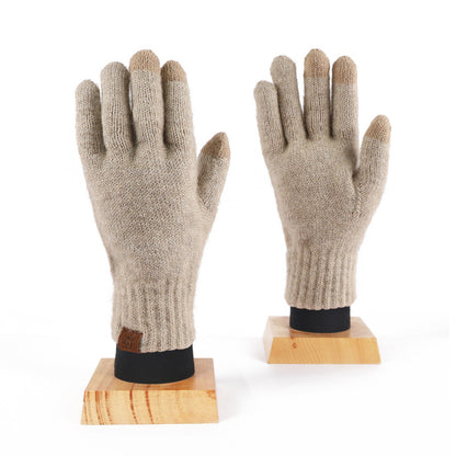 Wool Knitted Plaid Fleece-lined Thickened Cycling Five-finger Gloves