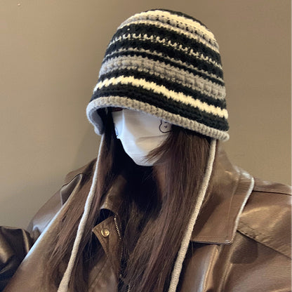 Women's Stripes Woolen Bucket Face Slimming Ear Hats & Caps