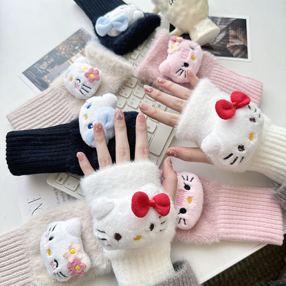 Half Finger Cartoon Knitted Bracers Thick Gloves