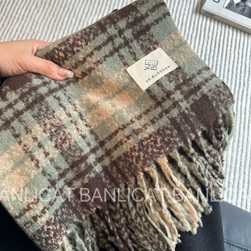 Style Plaid Retro Green Female Winter Scarfs