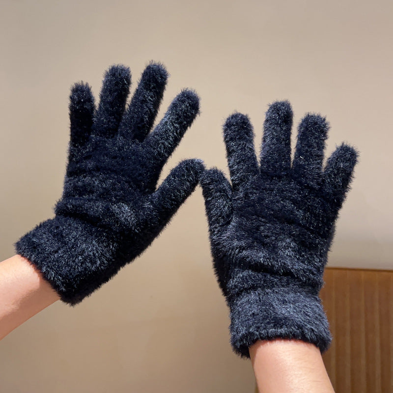 Rabbit Fur Plush Female Winter Fleece-lined Gloves