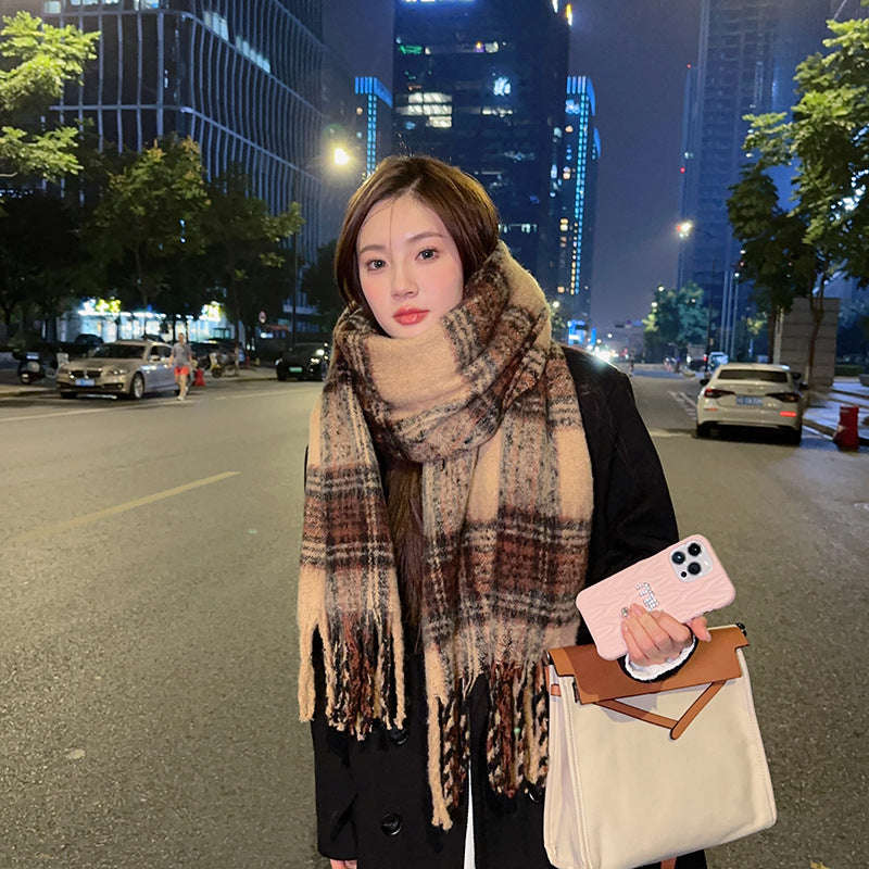 Temperament Wild Mohair Check Winter Soft Glutinous Tassel Scarfs