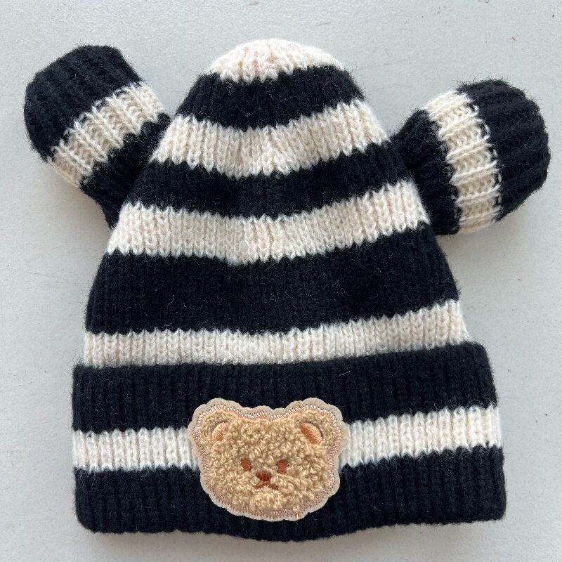 Children's Style Knitted Hat Boys Striped Bear Woolen Kids' Headwear