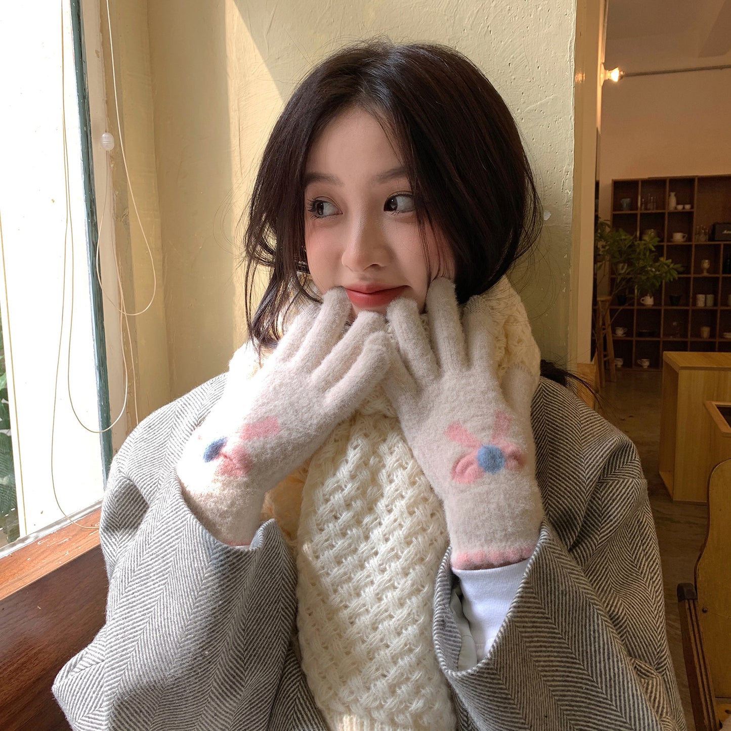 Women's Cycling Warm Plush Finger Fleece-lined Touch Screen Bow Gloves