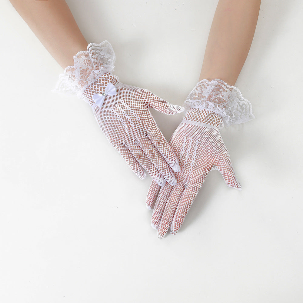 Women's Bridal Wedding Fishnet Bow Dress Lace Gloves