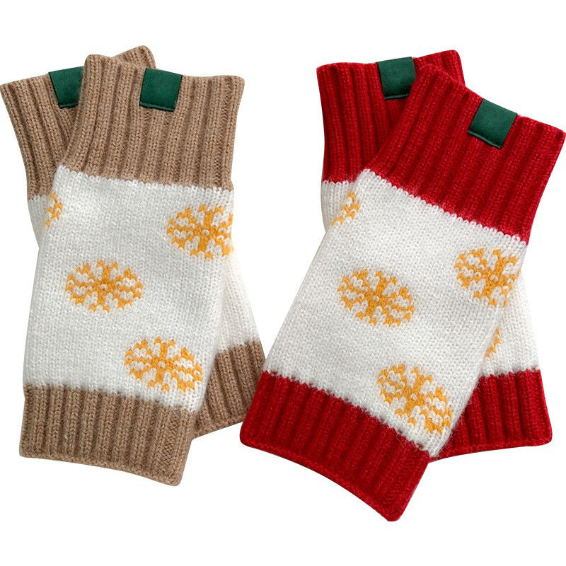 Female Winter Cute Christmas Snowflake Knitted Gloves