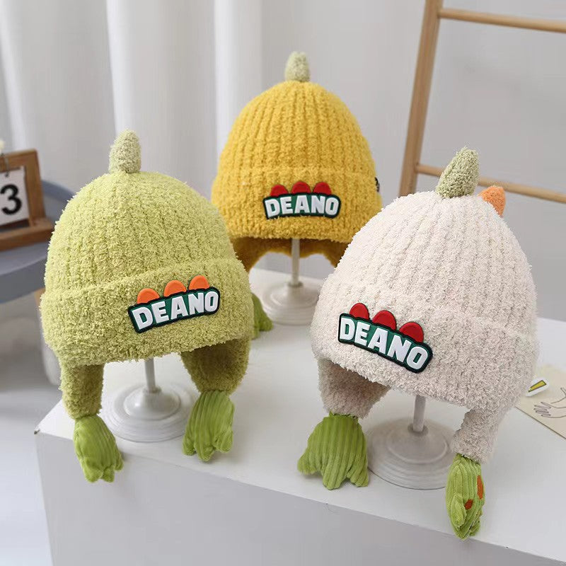 Children's Cartoon Dinosaur Plush Bonnet Thick Windproof Kids' Headwear