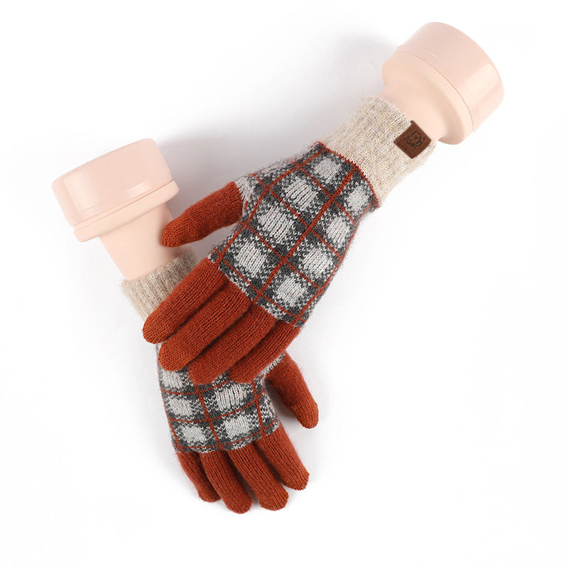 Wool Knitted Plaid Fleece-lined Thickened Cycling Five-finger Gloves