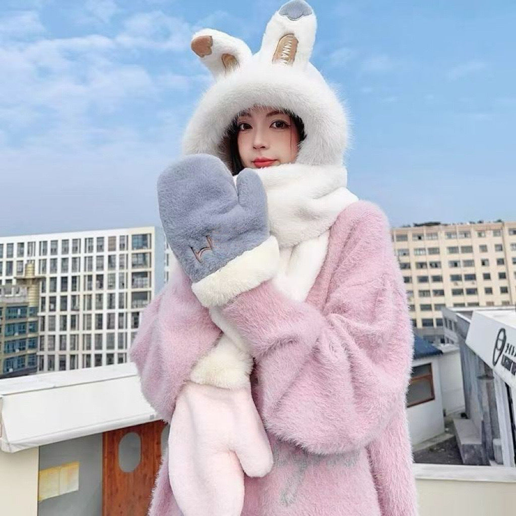 Women's Style Hat Three-piece Set Cute Rabbit Hats & Caps