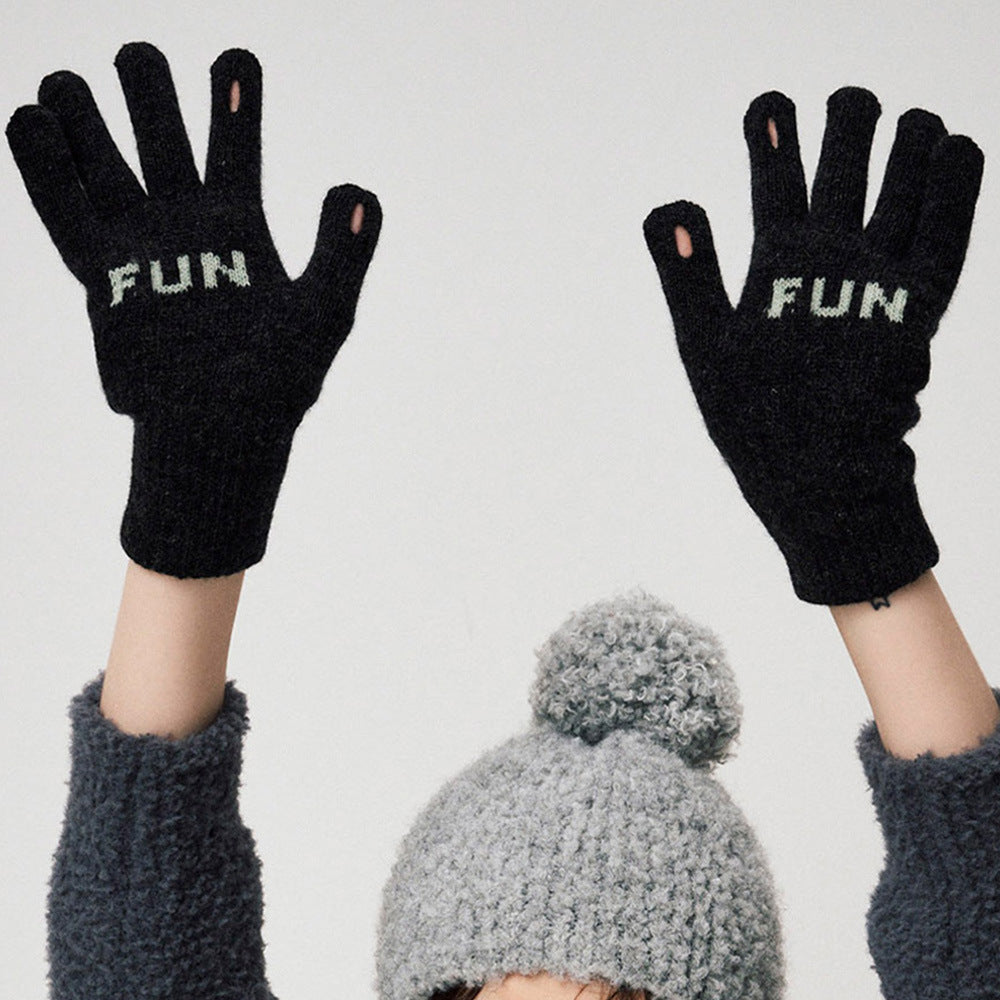 Wool Blended Letter Jacquard Knitted Warm Gloves