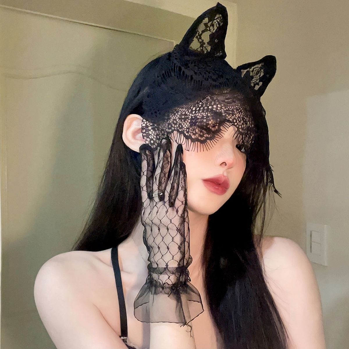 Black Pure Wind Cat Ear Headband Female Lace Gloves