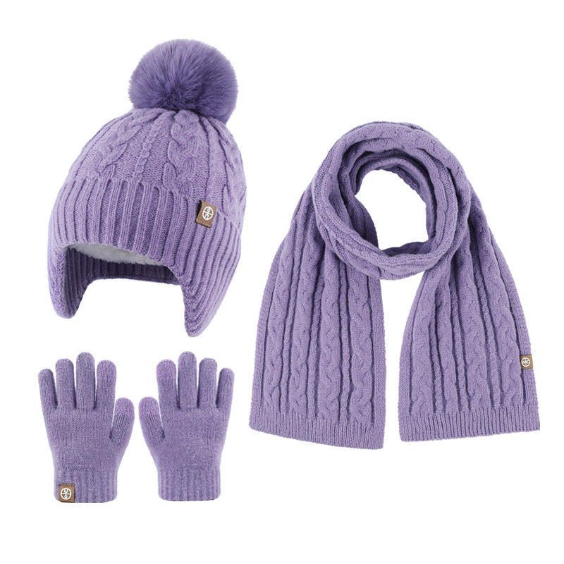 Children's Hat Three-piece Set Fleece-lined Knitted Earflaps Kids' Headwear