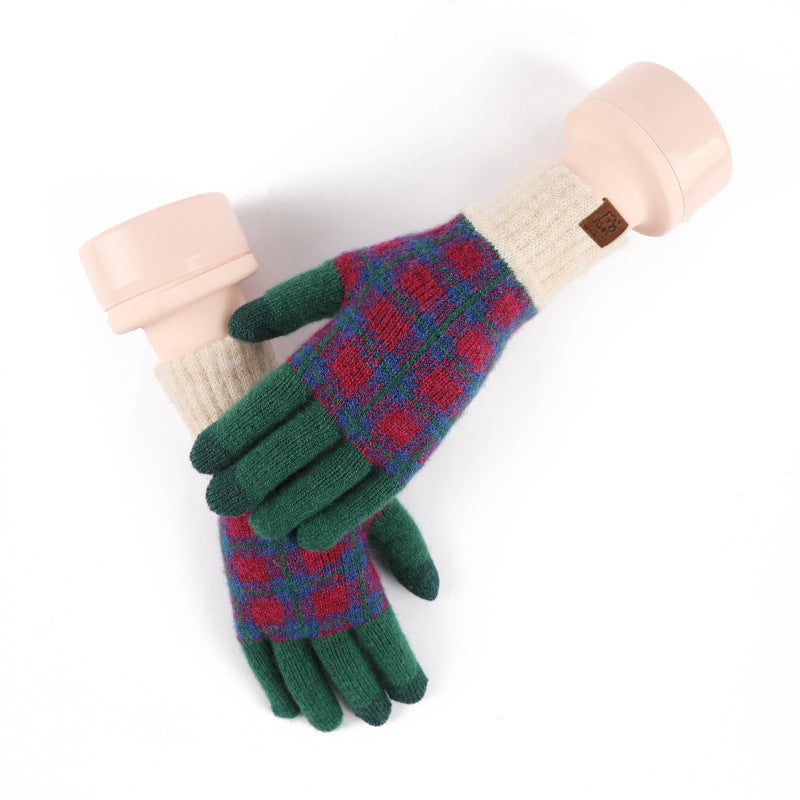 Wool Knitted Plaid Fleece-lined Thickened Cycling Five-finger Gloves