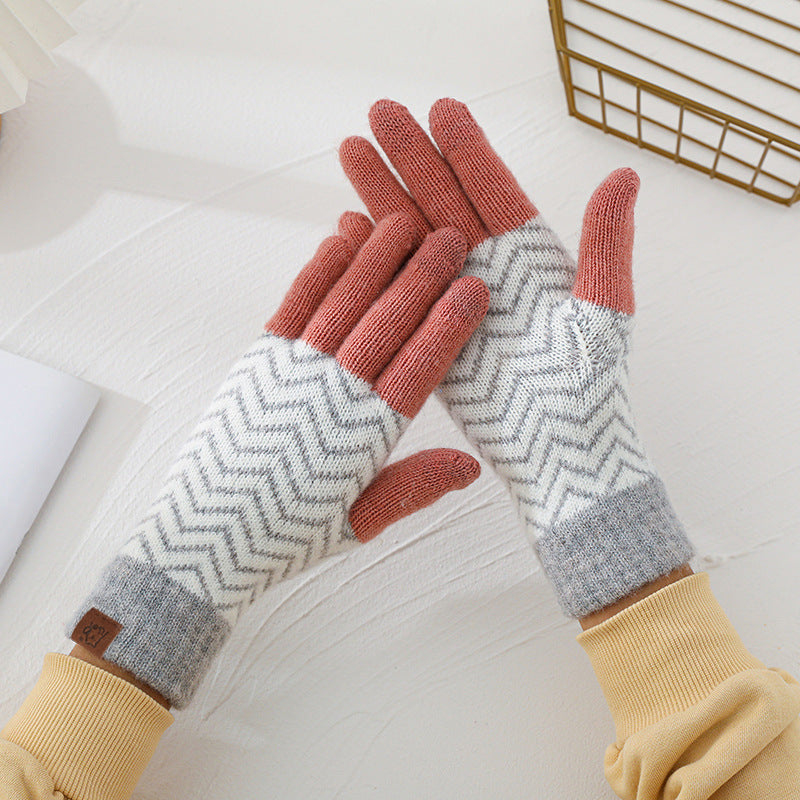 Wool Knitted Plaid Fleece-lined Thickened Cycling Five-finger Gloves