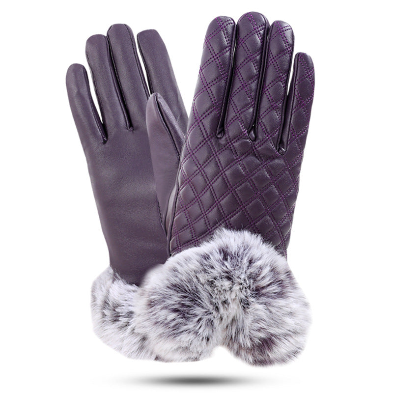 Women's Leather Touch Rex Rabbit Fur Mouth Gloves