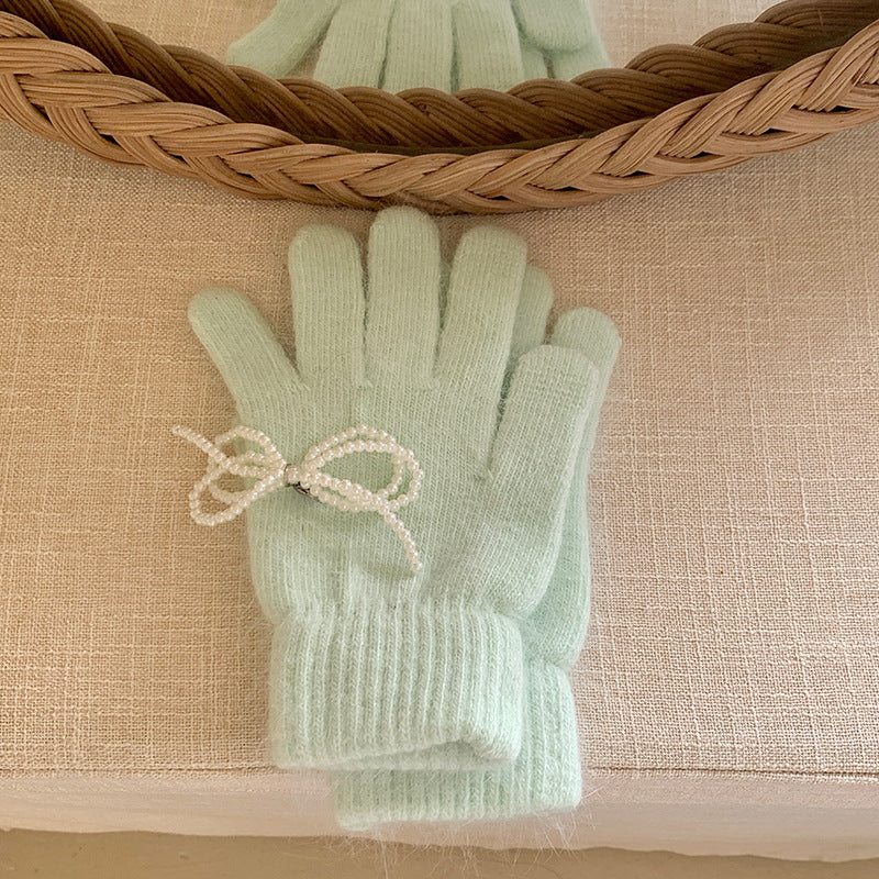 Women's Pearl Bow With Angora Winter Warm Gloves