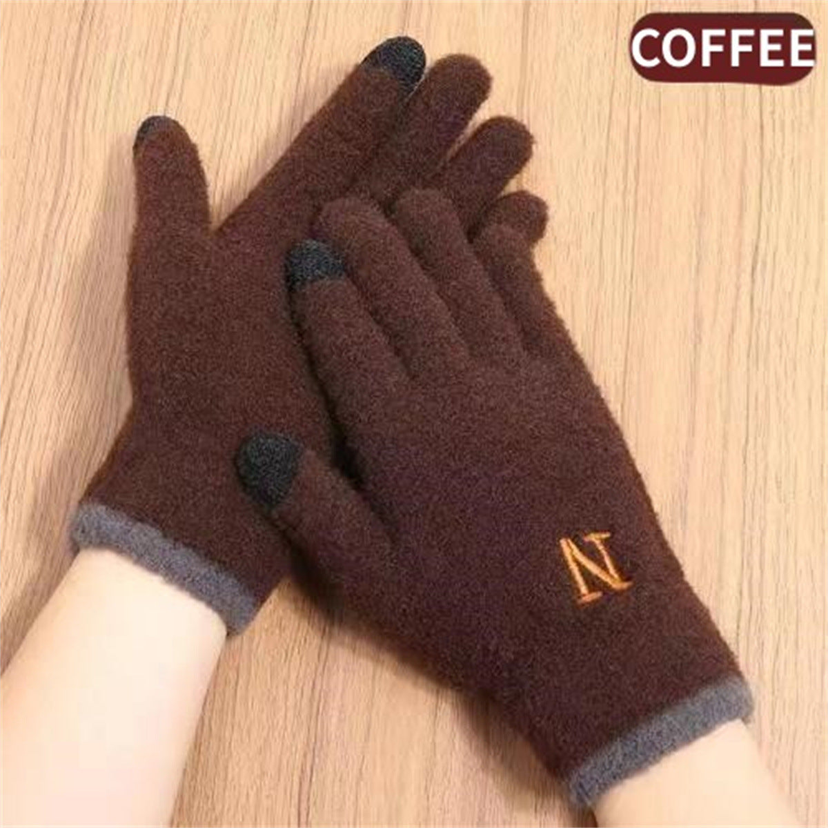 Screen Knitted Thickened Fleece-lined Full Finger Five Embroidery Gloves