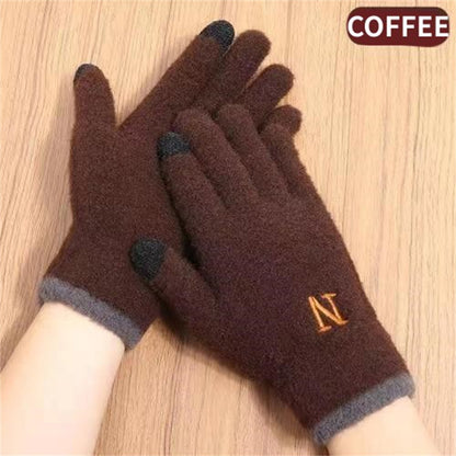 Screen Knitted Thickened Fleece-lined Full Finger Five Embroidery Gloves