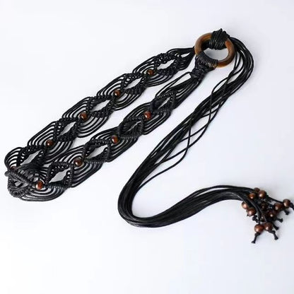 Women's Wax Rope Woven Knotted Ethnic Handmade Wooden Belts