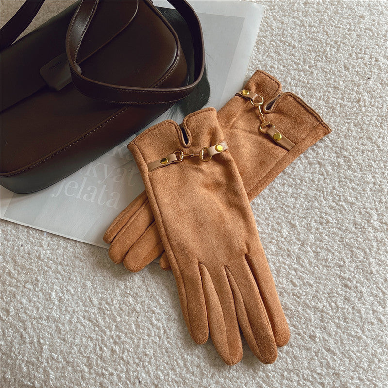 Women's Winter Suede Cycling Open Finger Touch Gloves