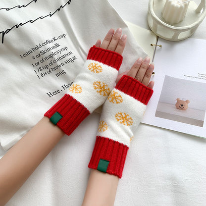 Female Winter Cute Christmas Snowflake Knitted Gloves