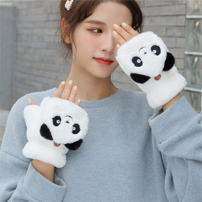 Winter Half Finger Flip Warm Thickened Cute Panda Veet Gloves