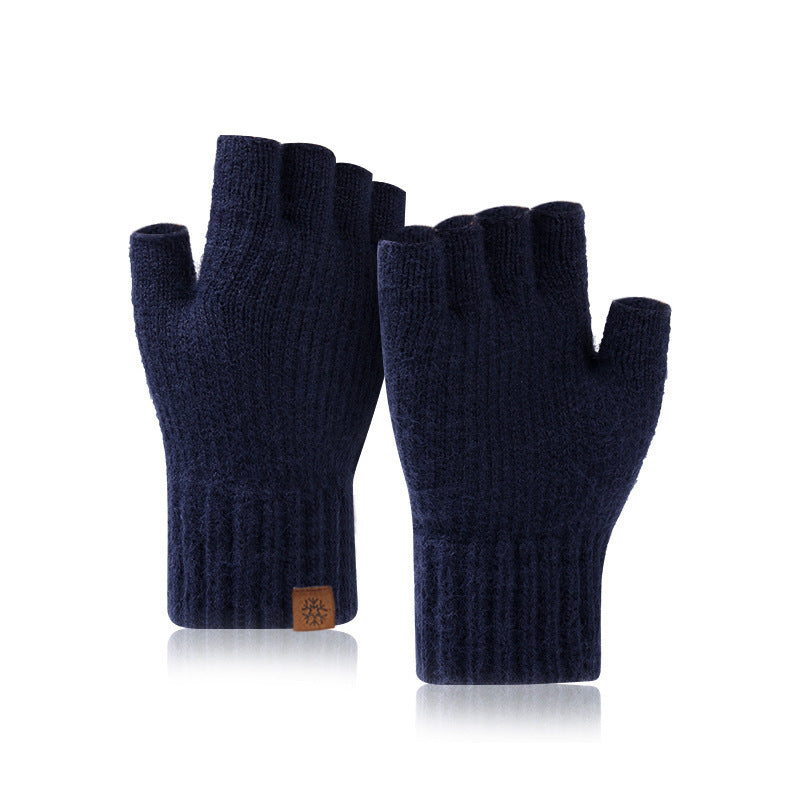 Men's Winter Outdoor Knitted Fleece-lined Writing Fingerless Gloves