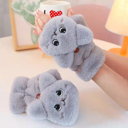 Winter Cute Funny Plush Mittens Cat Female Warm Thickened Gloves